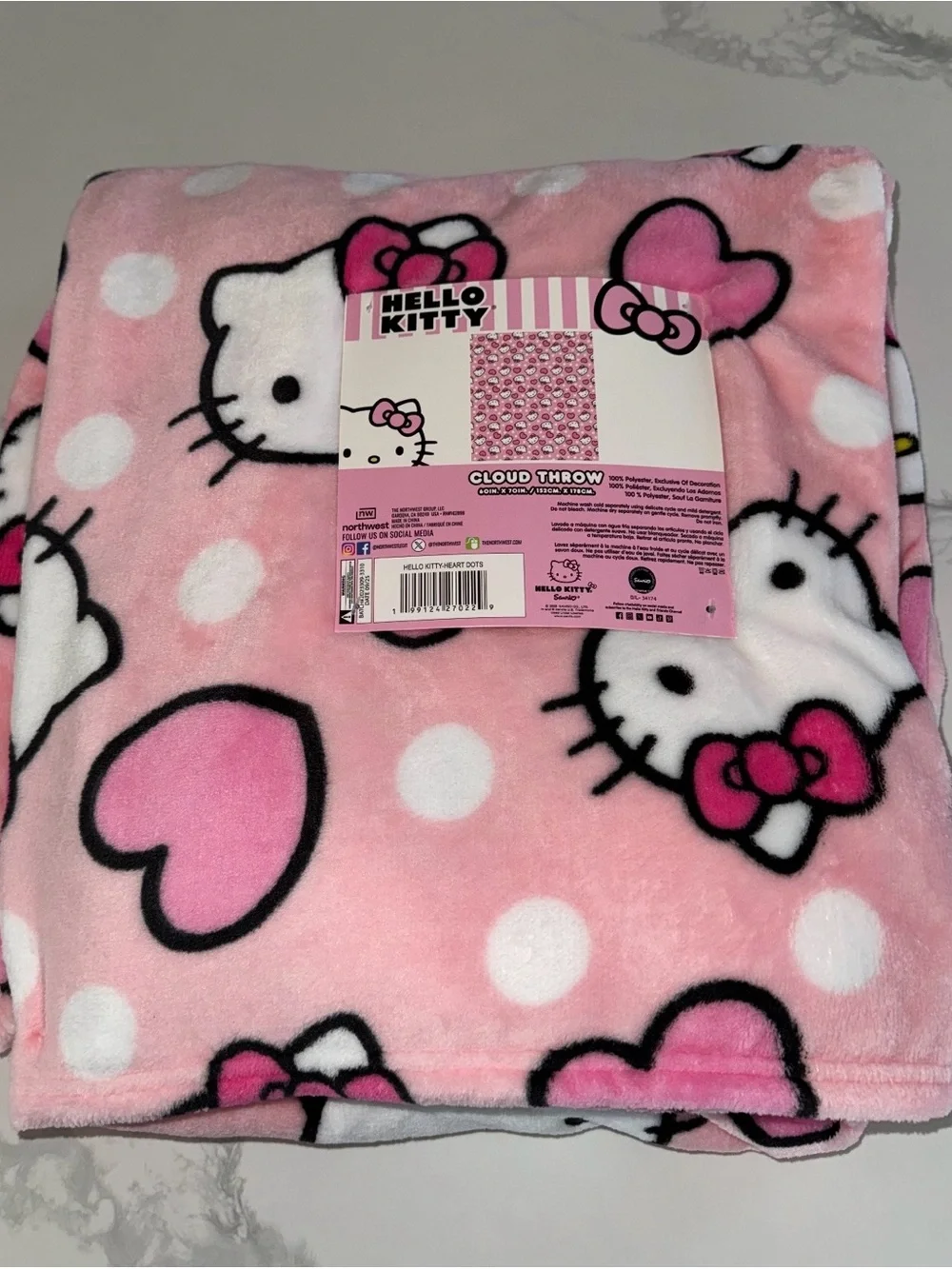 Hello Kitty Pink & White Polka Dot Hearts Oversized Plush Throw Blanket